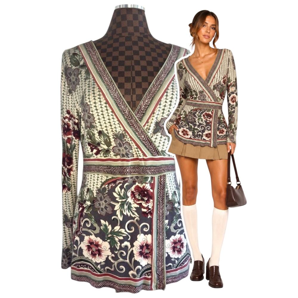 Bandolino XL Faux Wrap Floral Boho Stretch Knit Long Sleeve Surplice Top Y2K